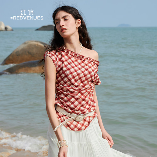 红馆26夏季新款斜肩上衣女红色短袖T恤女艺术生明媚穿搭收腰小衫