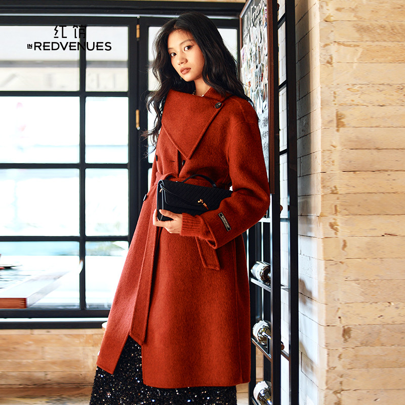 红馆|设计师款毛呢外套女25冬季新款100绵羊毛双面呢子大衣女红色,女装/女士精品,毛呢外套,淘宝优惠券,粉丝福利购,淘宝优惠卷
