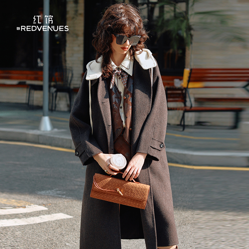 红馆|设计师款绵羊毛大衣女25冬款毛呢外套中长款连帽双面呢大衣