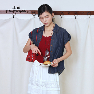 红馆25夏季新款蓝色牛仔衬衫女短袖法式上衣超火减龄衬衣开衫外搭