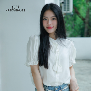 雪紡小衫 紅館Redvenues夏日法式 漂亮小上衣女士白襯衫 短袖 輕職場(chǎng)