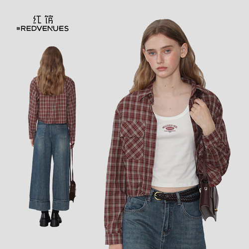 红馆2025早秋款长袖衬衫复古美式bm格子衬衫女红色小上衣外套女
