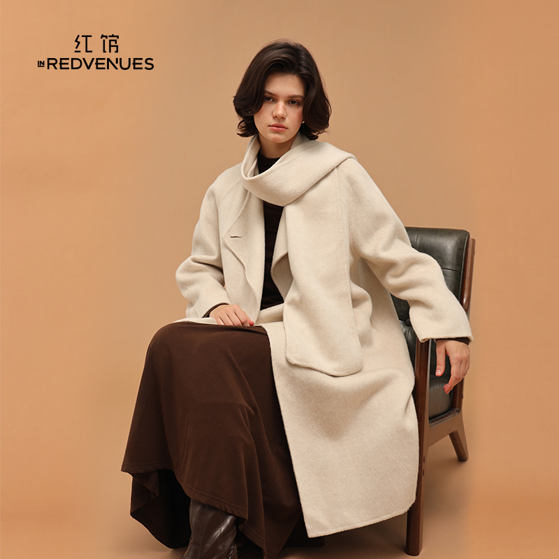 红馆设计师款赫本风大衣长款双面呢外套绵羊毛高级大衣极简静奢风