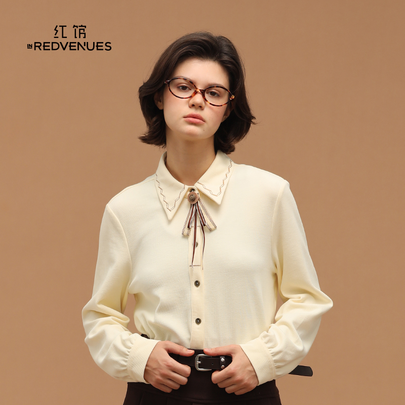 红馆2025秋冬设计师款衬衫女法式复古女士衬衫蝴蝶结独特上衣