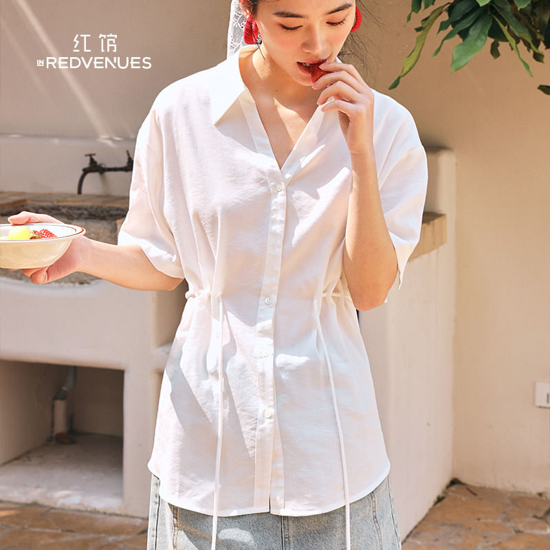 红馆inRedvenues短袖衬衫女气质法式上衣收腰显瘦白衬衣通勤穿搭