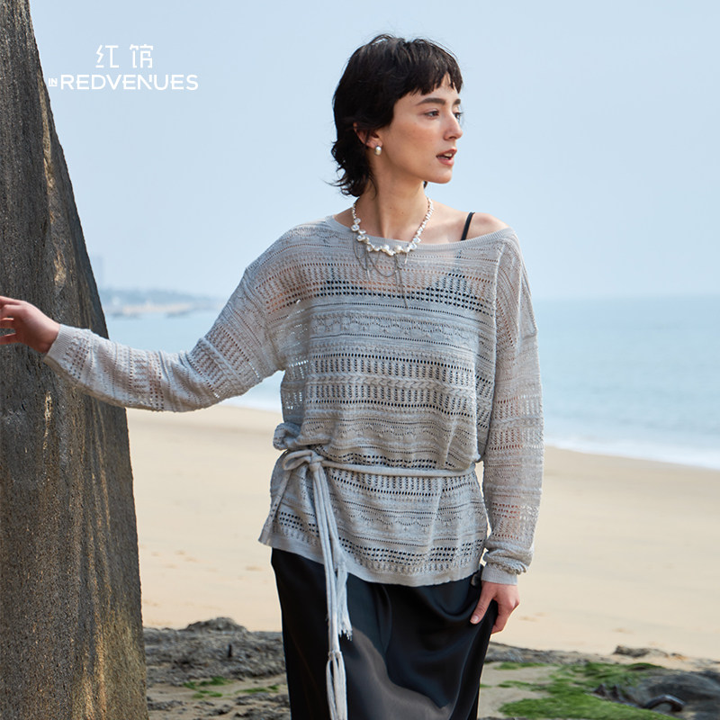 红馆2026夏新款钩花套头毛衣女灰色镂空针织上衣薄款罩衫法式小资