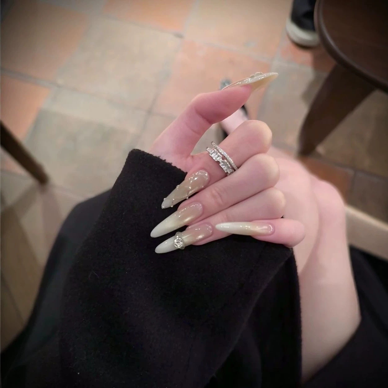【鎏金落影】甜御风纯手工穿戴甲裸色水钻装饰鎏金美甲贴片假指甲