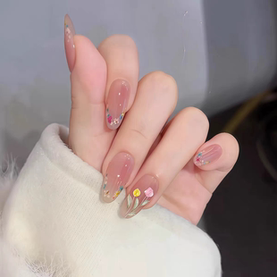 【花期如归】纯手工穿戴甲春日温柔手绘郁金香氛围感显白裸色美甲