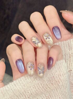 【柔紫金枝】紫色花朵穿戴甲纯手工可拆卸美甲贴片显白气质指甲片