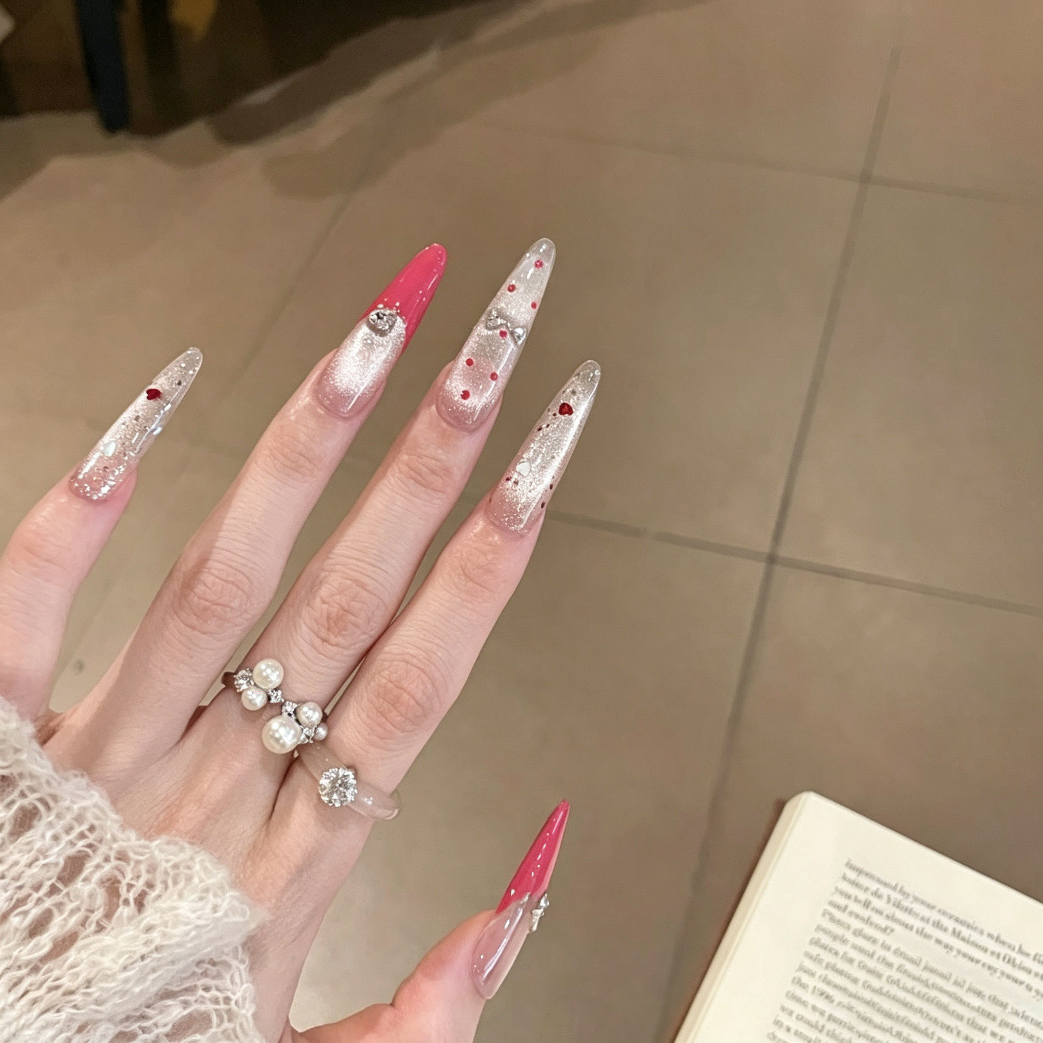 【火龙果法式】法式爆闪纯手工穿戴甲红色爱心高级显白美甲贴片