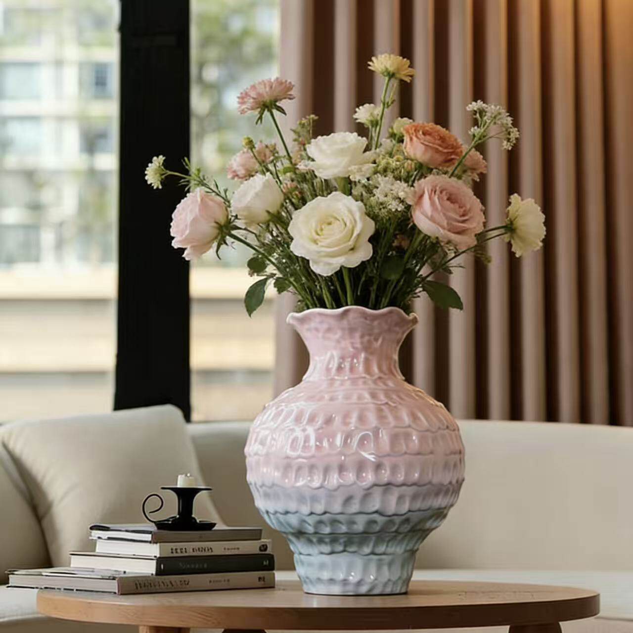 景德镇渐变高档大口径台面花瓶客厅玄关装饰摆件水培鲜花干花民宿