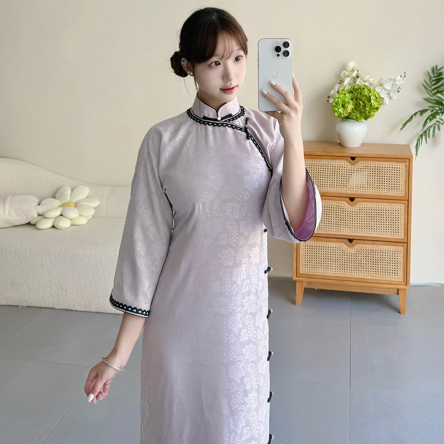 南舟记【淡紫葡萄】全开襟倒大袖双层立领少女复古日常款古法旗袍