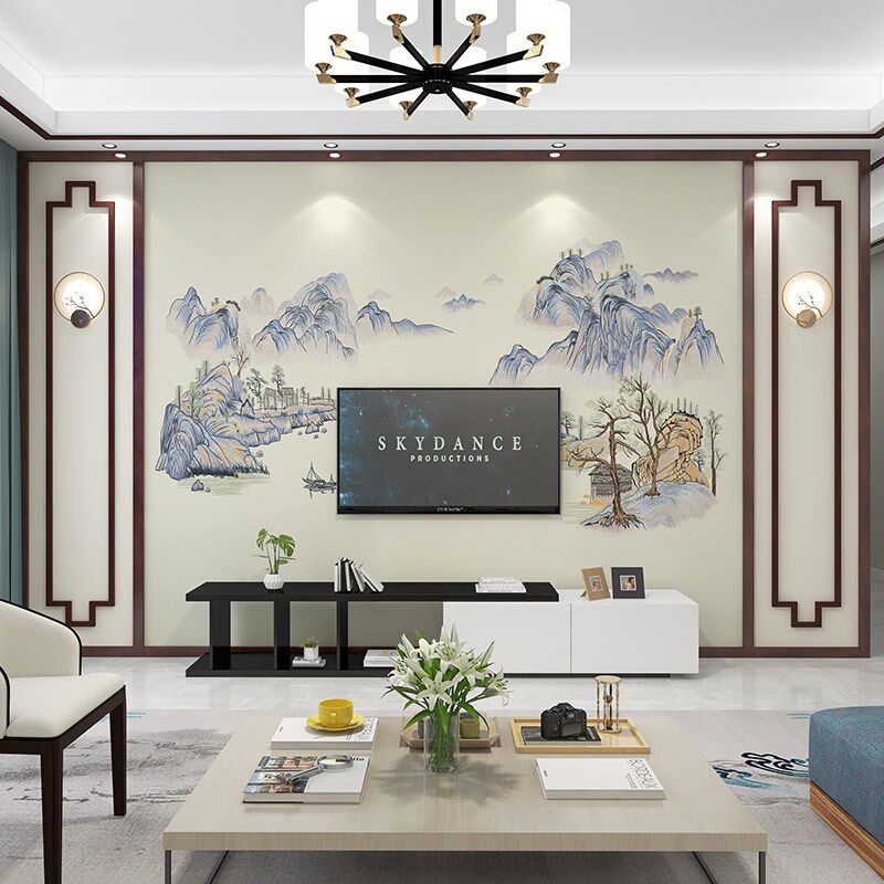 独绣刺绣壁布客厅电视悠然山居图沙发背景墙布新中式独秀山水画