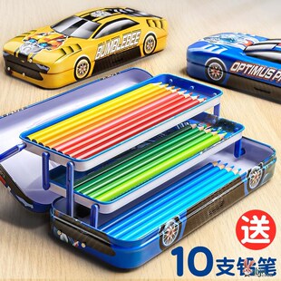 自动男生铅笔男童文具多层笔盒女小学生男孩马口铁汽车一年级铁质