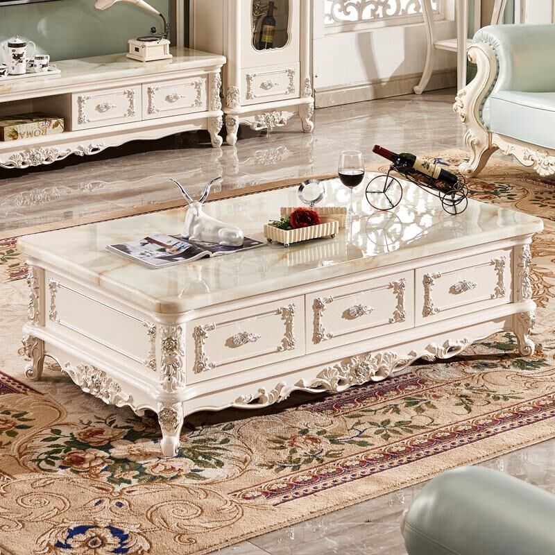 精选欧式天然大理石茶几客厅家用高端实木雕花简欧白色橡木茶几电