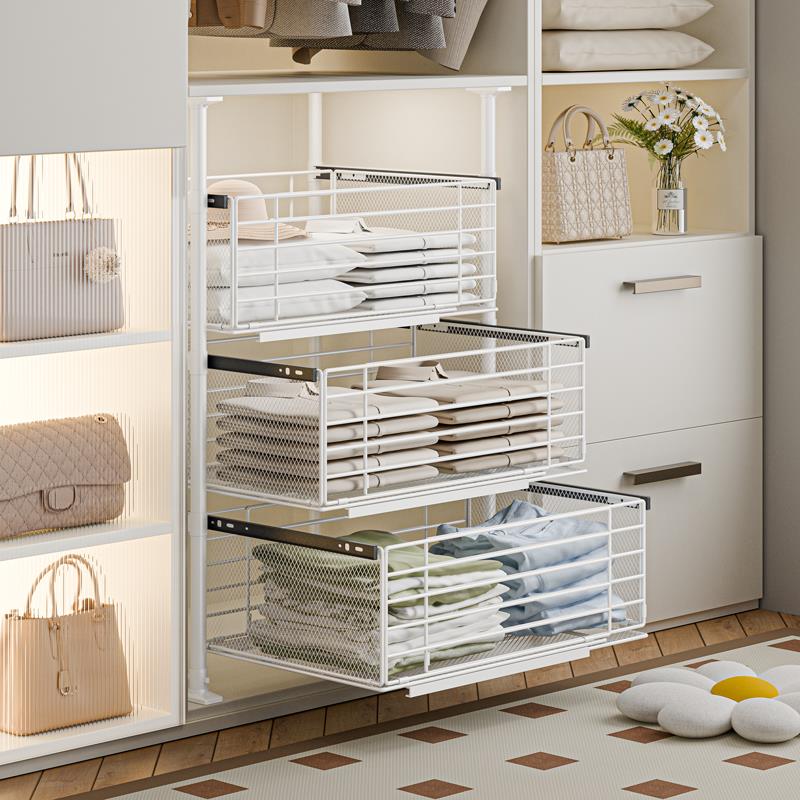 衣柜拉篮抽屉式分层收纳推拉轨道免打孔抽拉裤架伸缩多层改造内置