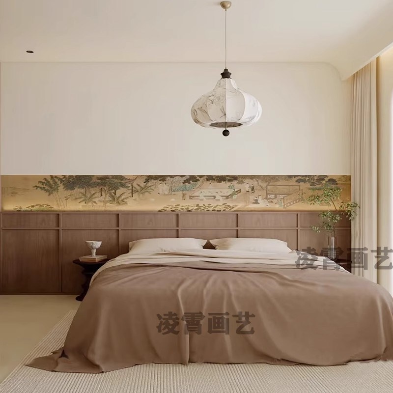宋式美学墙布宋代壁布腰线宋画山水壁画茶室卧室客厅电视背景墙纸