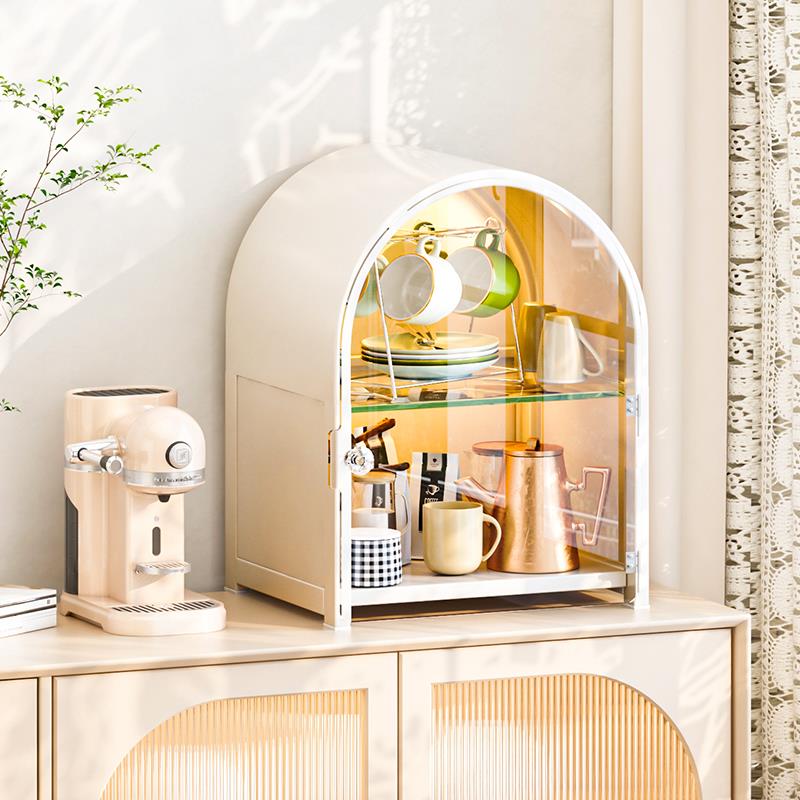 桌面杯子收纳拱形置物架轻奢水杯架子防尘带门收纳柜茶杯架收纳盒
