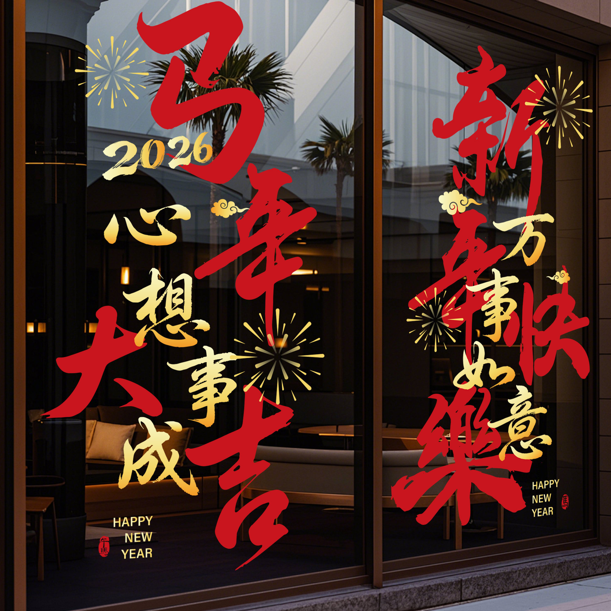 马年春节装饰贴纸静电2026节庆茶楼酒店新年玻璃红色福联过年窗花