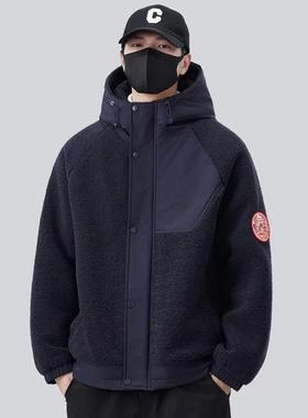 秋冬新款男士摇粒绒加厚棉服冬潮牌工装连帽夹棉夹克颗粒绒外套