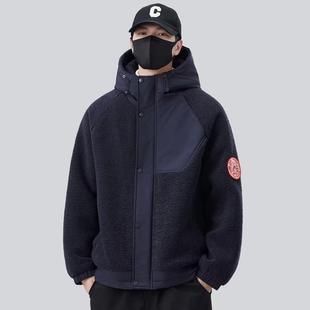 秋冬新款男士摇粒绒加厚棉服冬潮牌工装连帽夹棉夹克颗粒绒外套