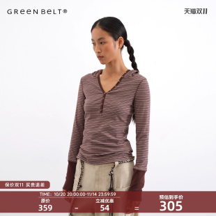 休闲连帽打底衫 GREEN t恤女收腰款 修身 BELT都市旅人25秋条纹长袖