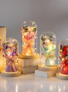 玫瑰花束玻璃罩礼物仿真花肥皂花教师节送女友闺蜜永生花摆件灯