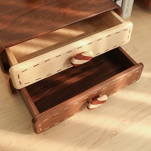 精选黑胡桃木桌面双层玄关小抽屉式家用实木文件收纳盒首饰杂物收