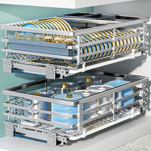 拉篮厨房橱柜304不锈钢双层抽屉式柜内加深放碗碗筷碗架调料碗篮