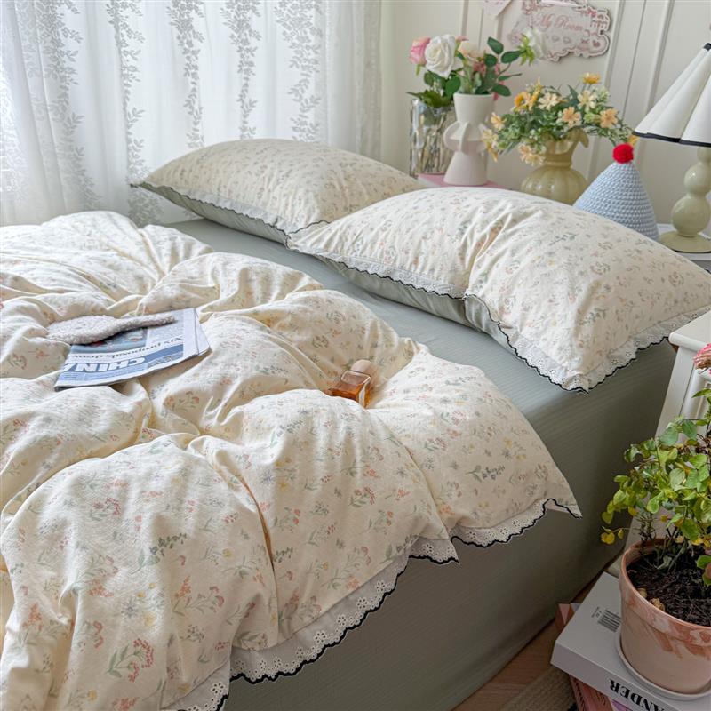 春日花语黑边蕾丝泡芙纱床单四件套少女心柔软被套被单宿舍三件套