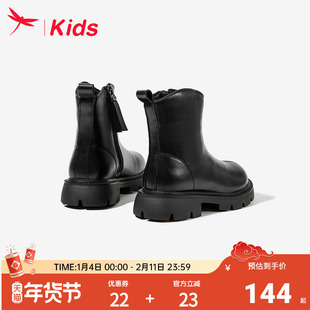 红蜻蜓女童靴子儿童马丁靴2025新款冬季黑色加绒二棉公主风小皮靴