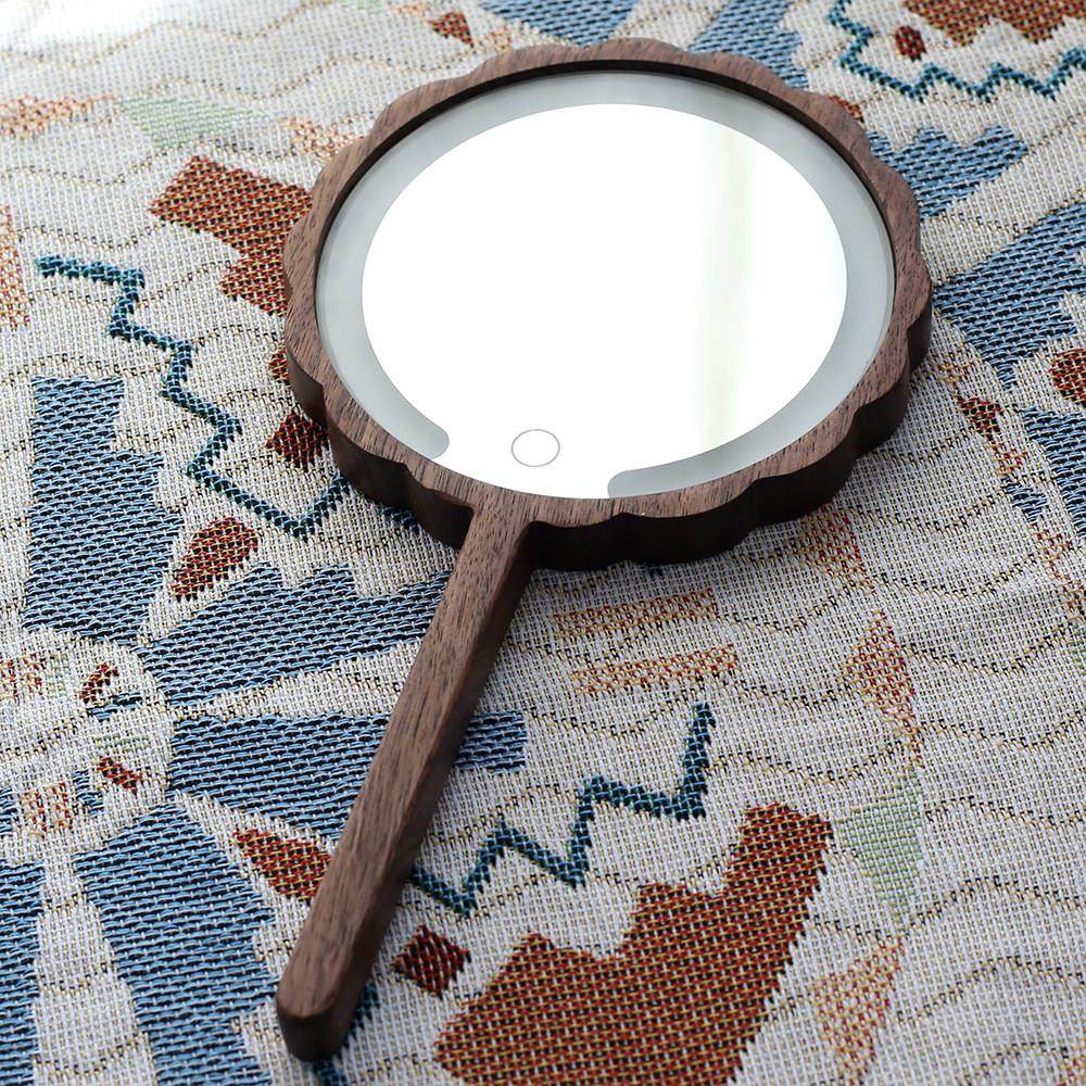 实木LED手柄化妆镜子充电带灯可携式手持梳妆美容喜镜定制LOGO刻