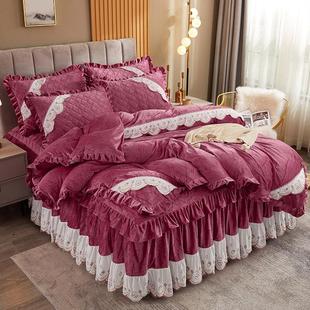 加绒加厚水晶绒裙式 四件套荷叶边防滑床裙1.5米1.8夹棉床罩保暖冬
