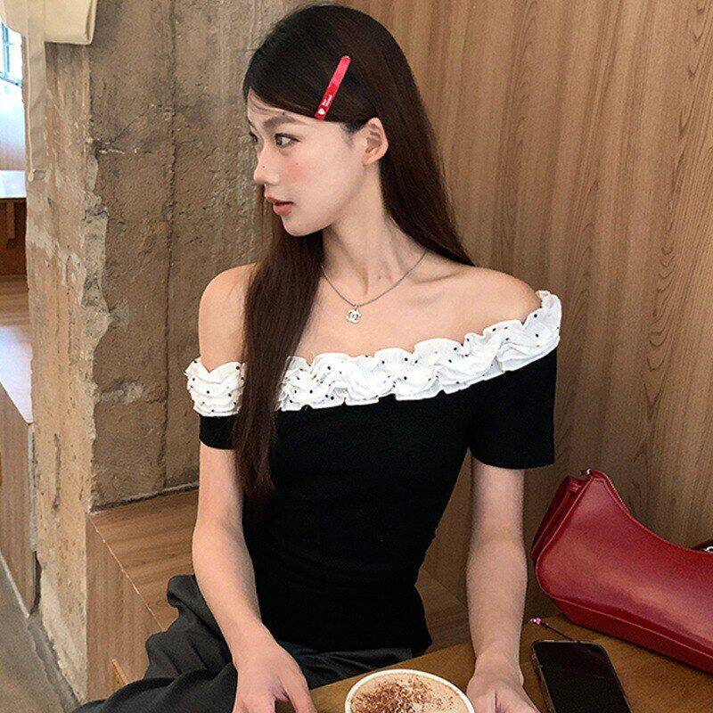 短袖T恤女夏季短款露肩修身显瘦法式设计感小众纯欲风辣妹上衣服