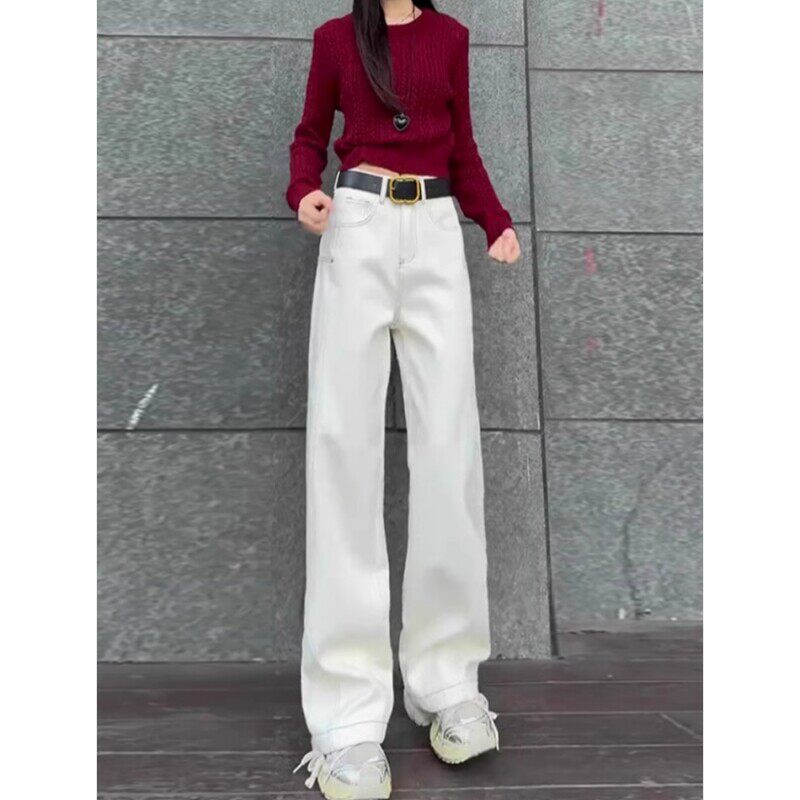 白色弯刀牛仔裤女2026春夏新款大码梨型身材高腰宽松显瘦阔腿裤子