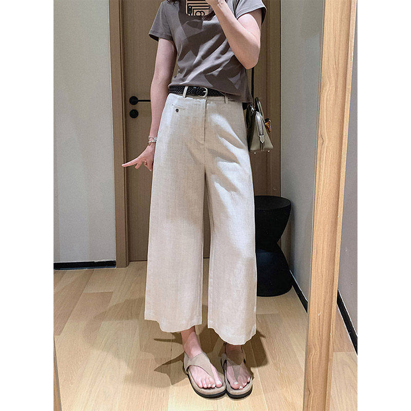 天丝亚麻休闲裤女夏季薄款凉感小个子百搭高腰垂感九分直筒阔腿裤