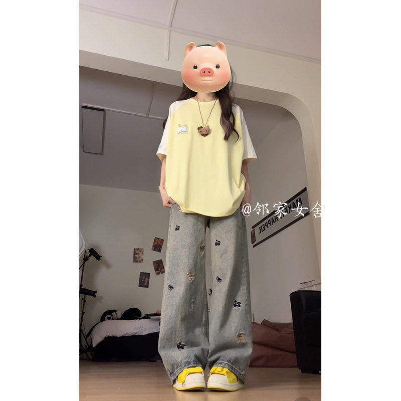 小个子穿搭一整套插肩袖短袖t恤女夏季新款多巴胺上衣+阔腿裤套装