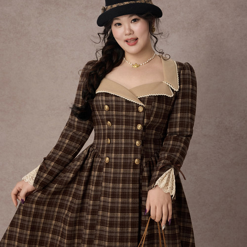 LaceMade大码女装 牛津行 法式复古格纹日常收腰显瘦A字大衣外套