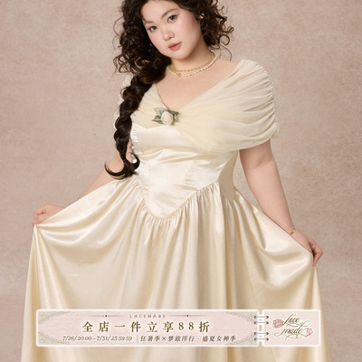 LaceMade大码女装 纯白琉璃梦 法式复古收腰连衣裙白色仙女长裙夏