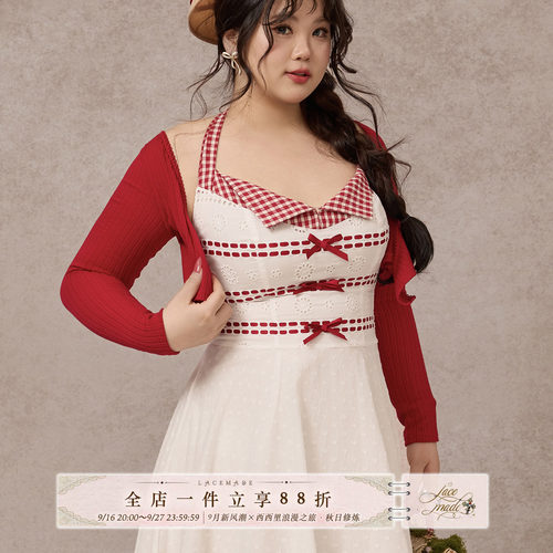 LaceMade大码女装 小红烛 法式复古棉质蝴蝶结吊带大码田园连衣裙