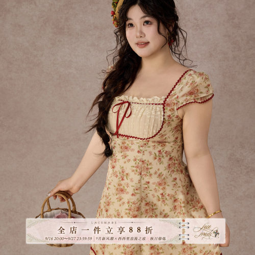 LaceMade大码女装 红美瑰 浪漫风蕾丝碎花连衣裙长短款收腰裙女