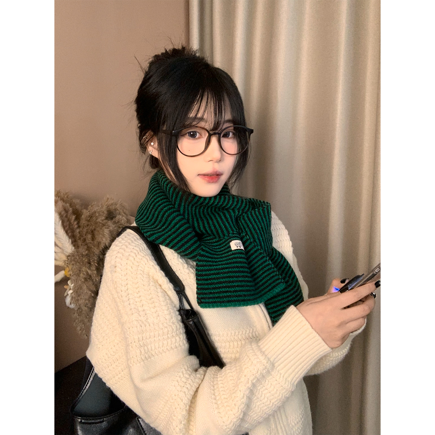 绿色条纹仿羊绒针织围巾女款