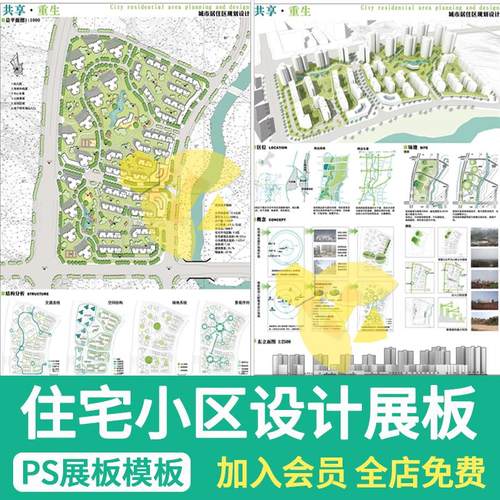 住宅社区规划展板PSD模板居住区方案设计效果分析图排版资料素材