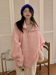 大码oversize立领针织衫女秋季300斤胖mm设计感半拉链毛衣外套ins