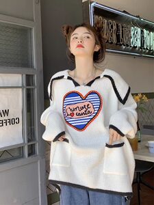 胖mm大码慵懒风海军领毛衣女秋冬300斤宽松设计感撞色针织衫外套2