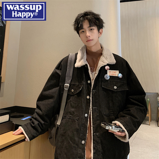 wassup 潮牌复古宽松休闲牛仔外套 happy翻领羊羔绒棉衣男冬季