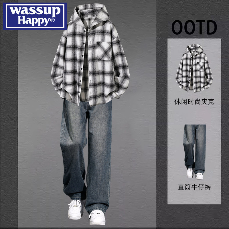 wassup happy美式磨毛格子连帽衬衫男士春秋季青少年酷帅潮流穿搭,男装,休闲运动套装,淘宝优惠券,粉丝福利购,淘宝优惠卷