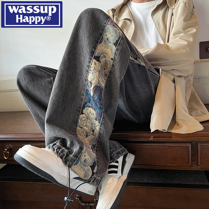 WASSUPHAPPY小熊刺绣牛仔裤子男