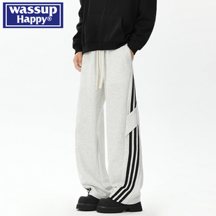 男士 三条杠直筒卫裤 春秋季 新款 子 wassup 高街运动休闲裤 happy美式