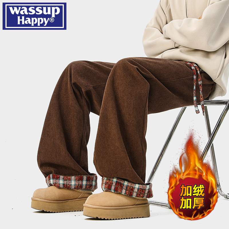 WASSUPHAPPY冬季加绒休闲裤子男
